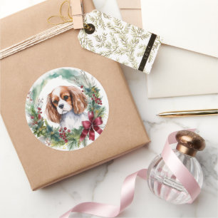 Cavalier King Christmas Wreath Festive Pup Classic Round Sticker