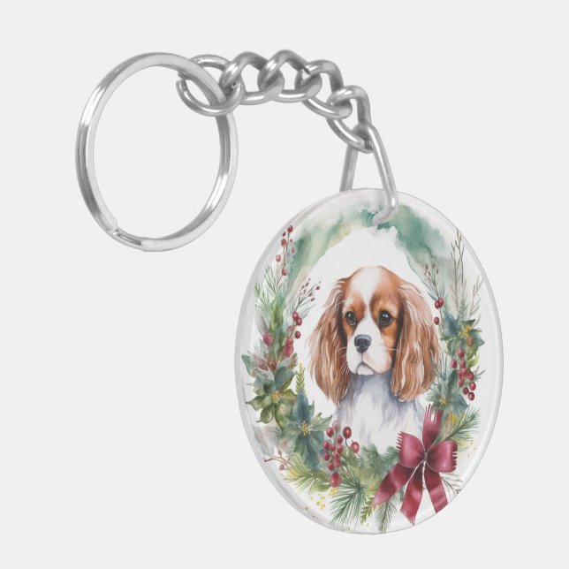 Cavalier King Christmas Wreath Festive Pup  Key Ring (Front Left)