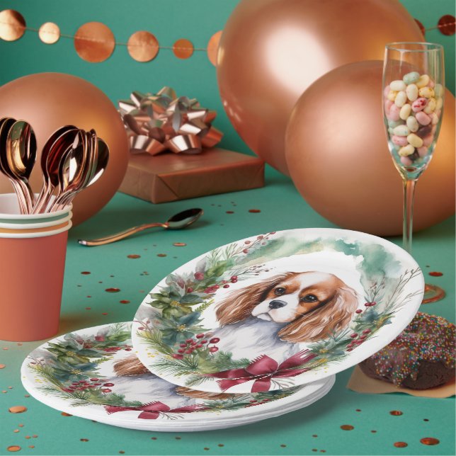 Cavalier King Christmas Wreath Festive Pup  Paper Plate (Multi)