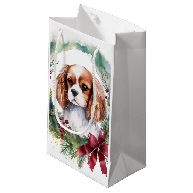 Cavalier King Christmas Wreath Festive Pup  Small Gift Bag (Front Angled)