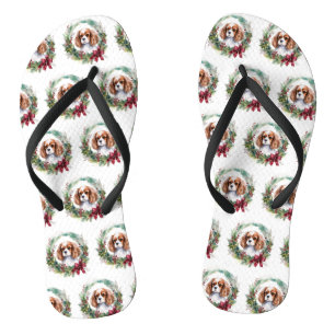 Cavalier King Christmas Wreath Festive Pup  Thongs