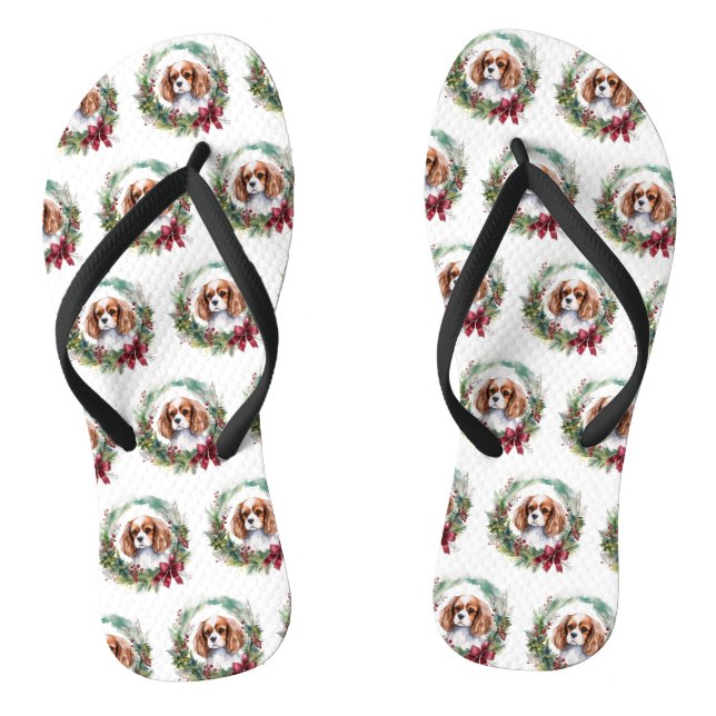 Cavalier King Christmas Wreath Festive Pup  Thongs (Footbed)