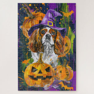 Cavalier King Dog Halloween Witch And Pumpkin Jigsaw Puzzle