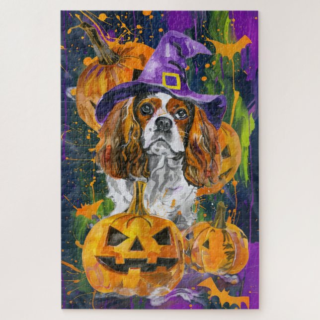 Cavalier King Dog Halloween Witch And Pumpkin Jigsaw Puzzle (Vertical)