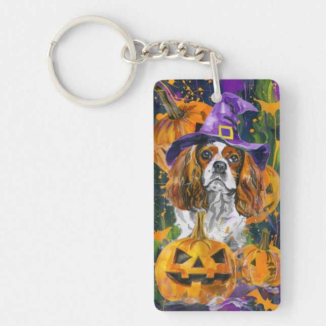 Cavalier King Dog Halloween Witch And Pumpkin Key Ring (Front)