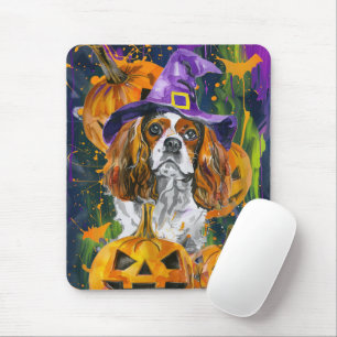 Cavalier King Dog Halloween Witch And Pumpkin Mouse Pad