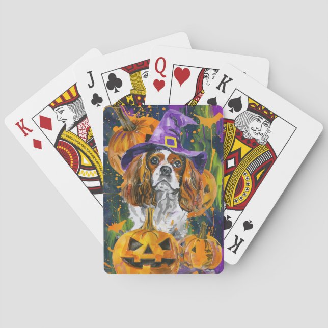 Cavalier King Dog Halloween Witch And Pumpkin Playing Cards (Back)