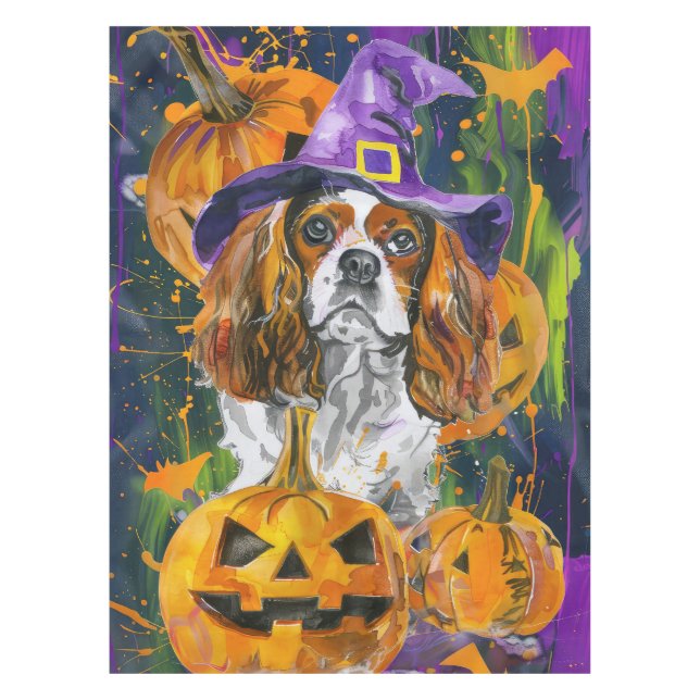 Cavalier King Dog Halloween Witch And Pumpkin Tablecloth (Front)