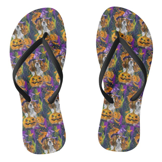 Cavalier King Dog Halloween Witch And Pumpkin Thongs (Footbed)