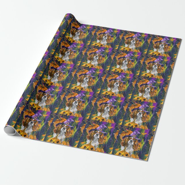 Cavalier King Dog Halloween Witch And Pumpkin Wrapping Paper (Unrolled)