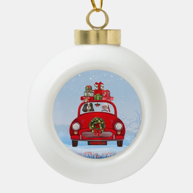 Cavalier King Dog In Car With Santa Claus  Ceramic Ball Christmas Ornament (Front)