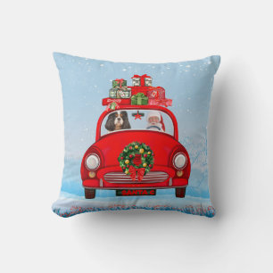 Cavalier King Dog In Car With Santa Claus Cushion