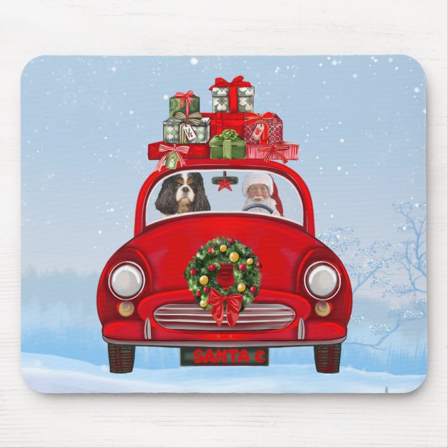 Cavalier King Dog In Car With Santa Claus  Mouse Pad (Front)