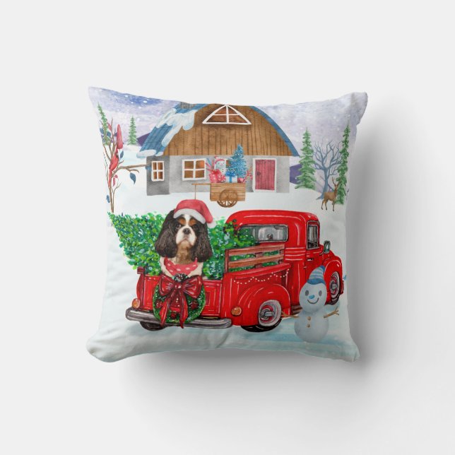 Cavalier King Dog In Christmas Delivery Truck Snow Cushion (Front)