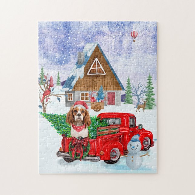 Cavalier King Dog In Christmas Delivery Truck Snow Jigsaw Puzzle (Vertical)