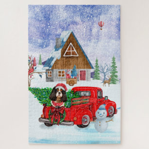 Cavalier King Dog In Christmas Delivery Truck Snow Jigsaw Puzzle