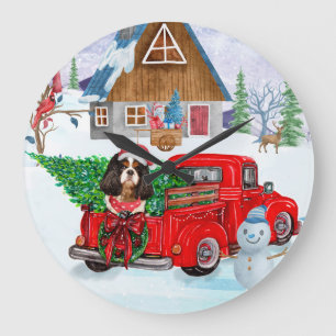 Cavalier King Dog In Christmas Delivery Truck Snow Large Clock