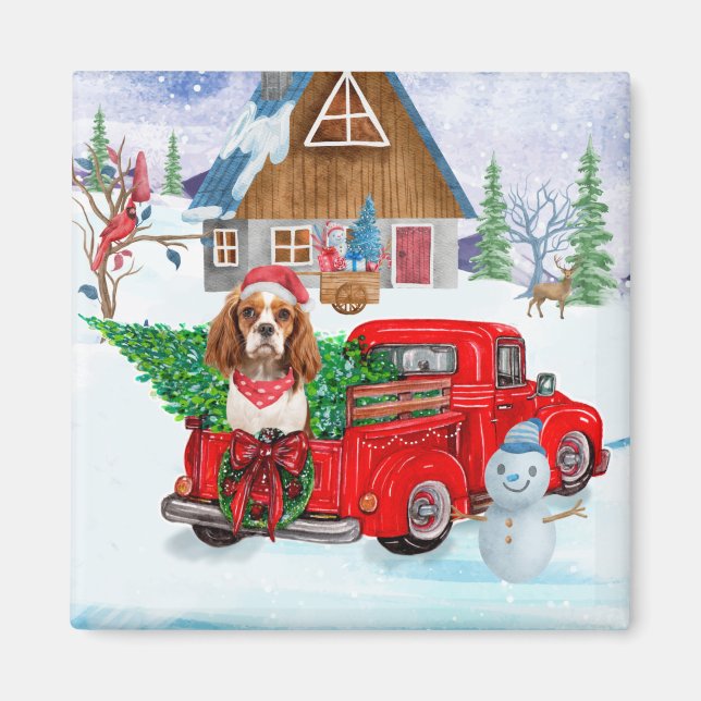 Cavalier King Dog In Christmas Delivery Truck Snow Magnet (Front)