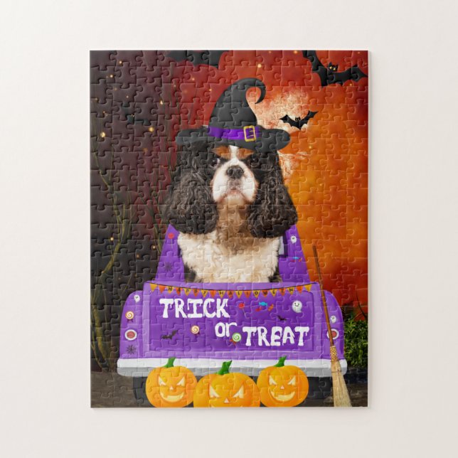 Cavalier King Dog in Halloween Truck Jigsaw Puzzle (Vertical)