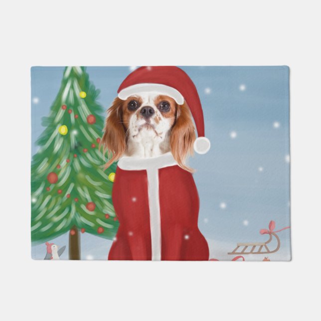 Cavalier King Dog in Snow with Christmas gifts  Doormat (Front)