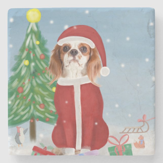 Cavalier King Dog in Snow with Christmas gifts Stone Coaster (Front)