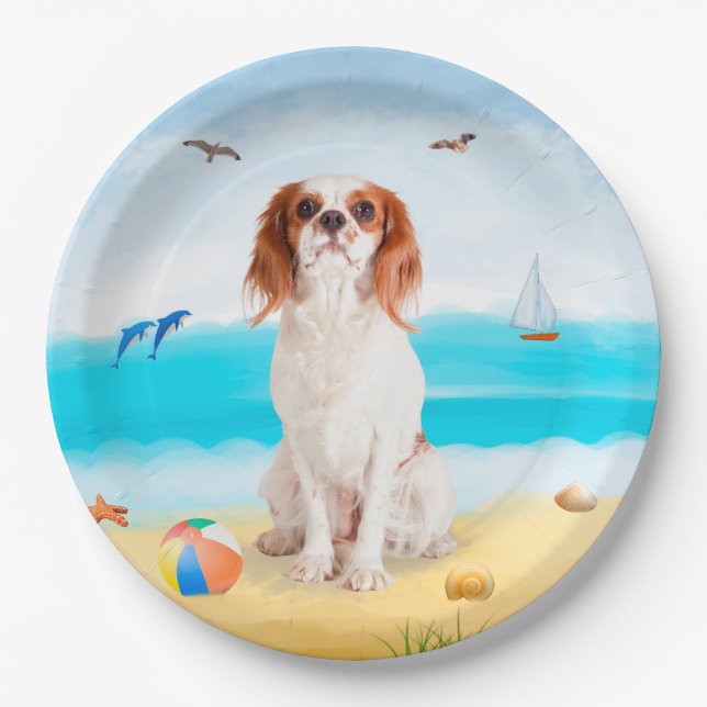 Cavalier King Dog on Beach Paper Plate (Front)