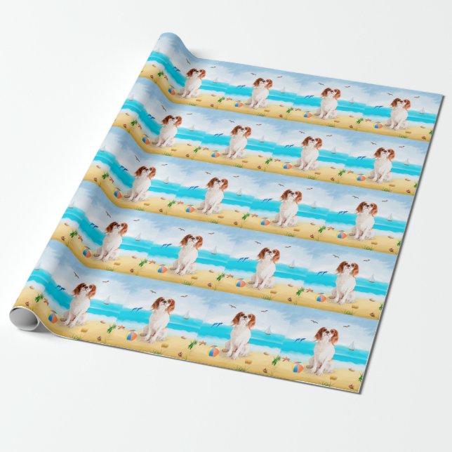 Cavalier King Dog on Beach Wrapping Paper (Unrolled)