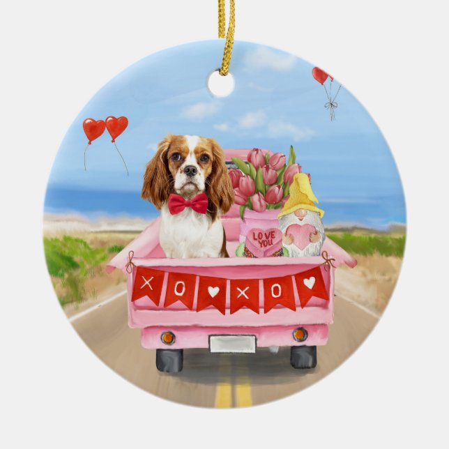 Cavalier King Dog Valentine's Day Truck Hearts Ceramic Ornament (Front)