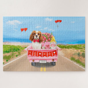 Cavalier King Dog Valentine's Day Truck Hearts Jigsaw Puzzle