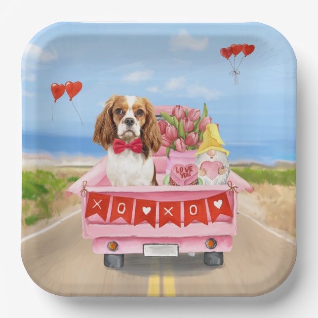 Cavalier King Dog Valentine's Day Truck Hearts Paper Plate (Front)