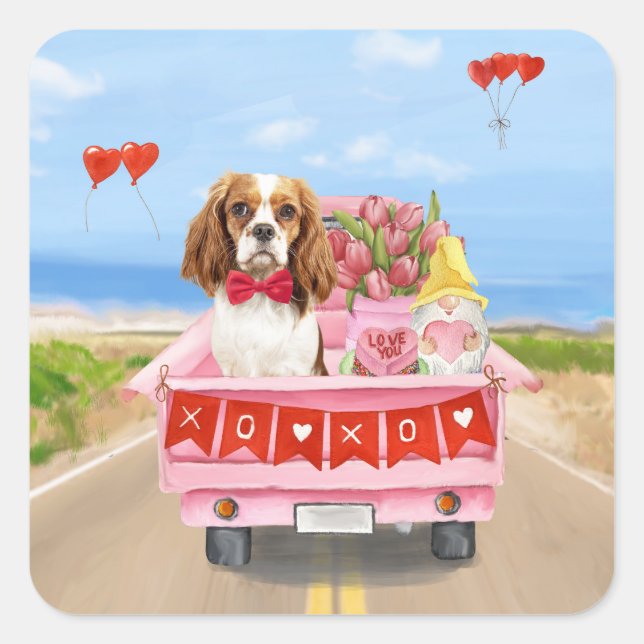 Cavalier King Dog Valentine's Day Truck Hearts Square Sticker (Front)