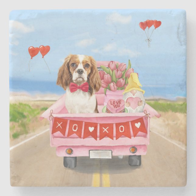 Cavalier King Dog Valentine's Day Truck Hearts Stone Coaster (Front)