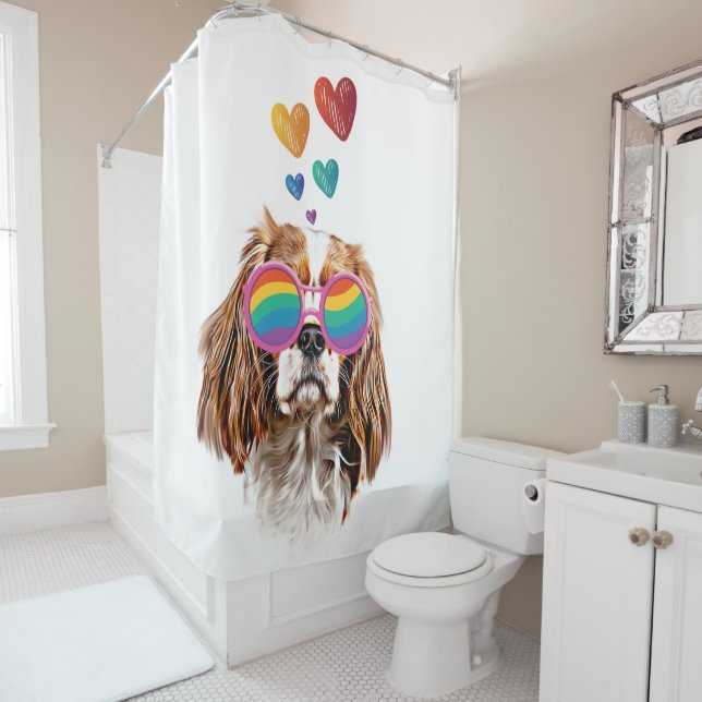Cavalier King Dog with Hearts Valentine's Day Shower Curtain (In Situ)