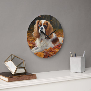 Cavalier King  in Autumn Leaves Fall Inspire  Large Clock