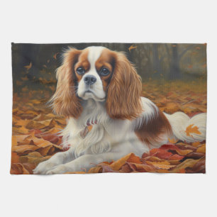 Cavalier King  in Autumn Leaves Fall Inspire  Tea Towel