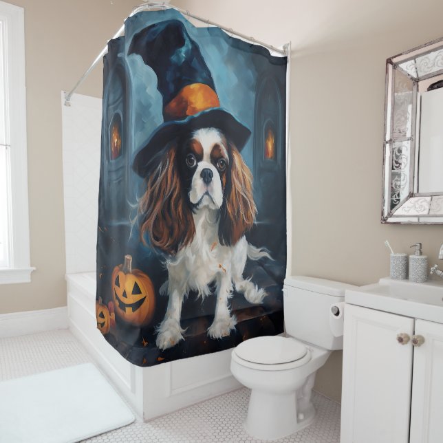 Cavalier King Pumpkins Halloween Scary  Shower Curtain (In Situ)