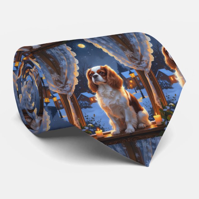 Cavalier King with Christmas Lights Holiday Tie (Rolled)