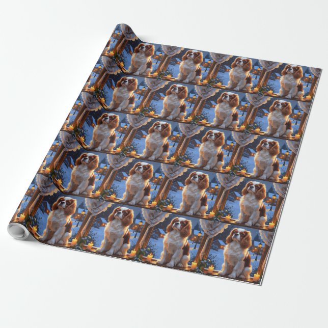 Cavalier King with Christmas Lights Holiday Wrapping Paper (Unrolled)