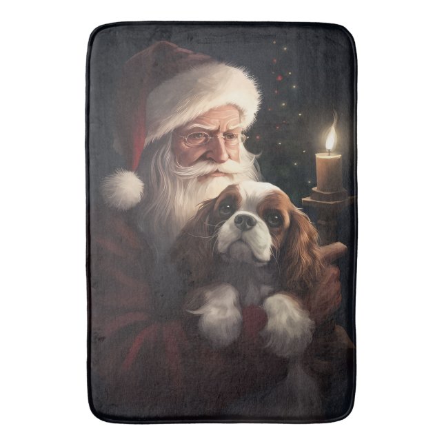 Cavalier King With Santa Claus Festive Christmas Bath Mat (Front Vertical)