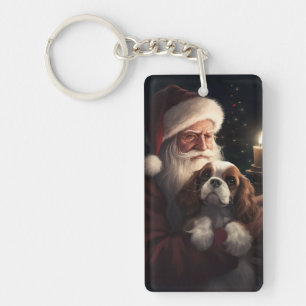 Cavalier King With Santa Claus Festive Christmas Key Ring