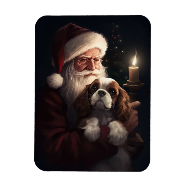 Cavalier King With Santa Claus Festive Christmas Magnet (Vertical)