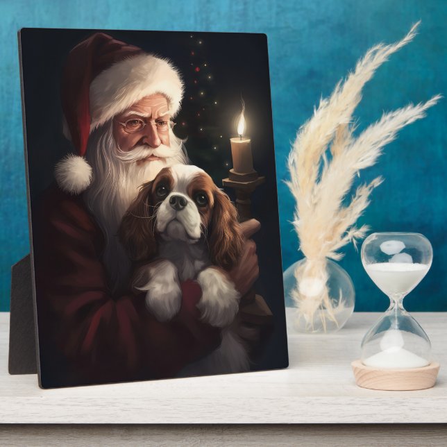 Cavalier King With Santa Claus Festive Christmas Plaque (Side)