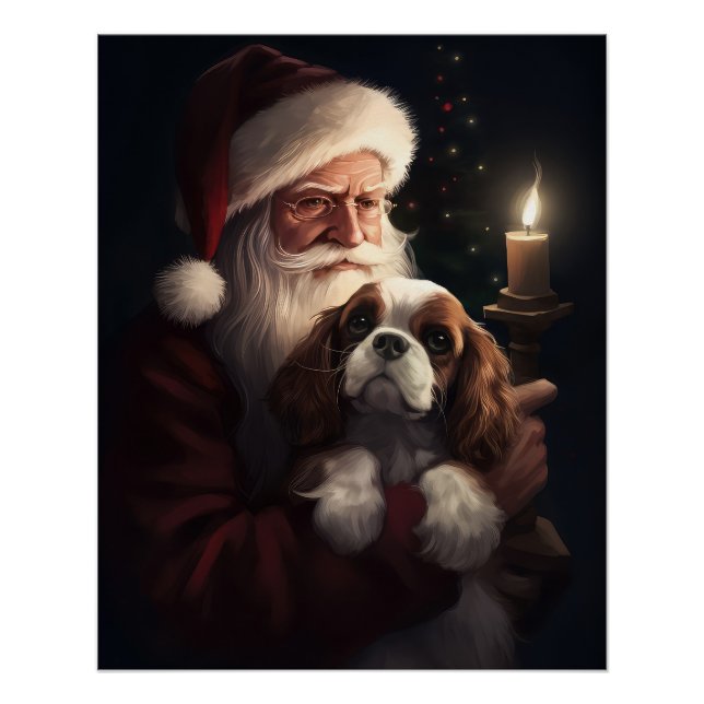 Cavalier King With Santa Claus Festive Christmas Poster (Front)
