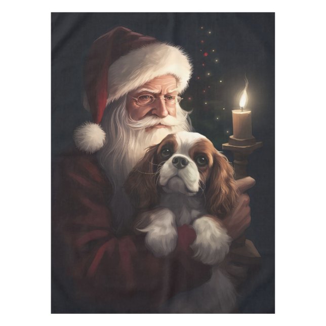Cavalier King With Santa Claus Festive Christmas Tablecloth (Front)