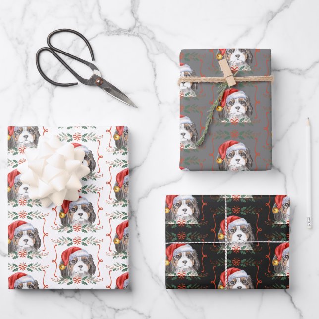 Cavalier Spaniel Dog Pattern Christmas Wrapping Paper Sheet (Front)