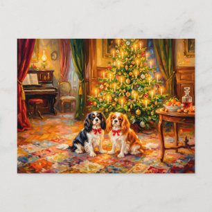 Cavalier Spaniels by Christmas Tree Postcard