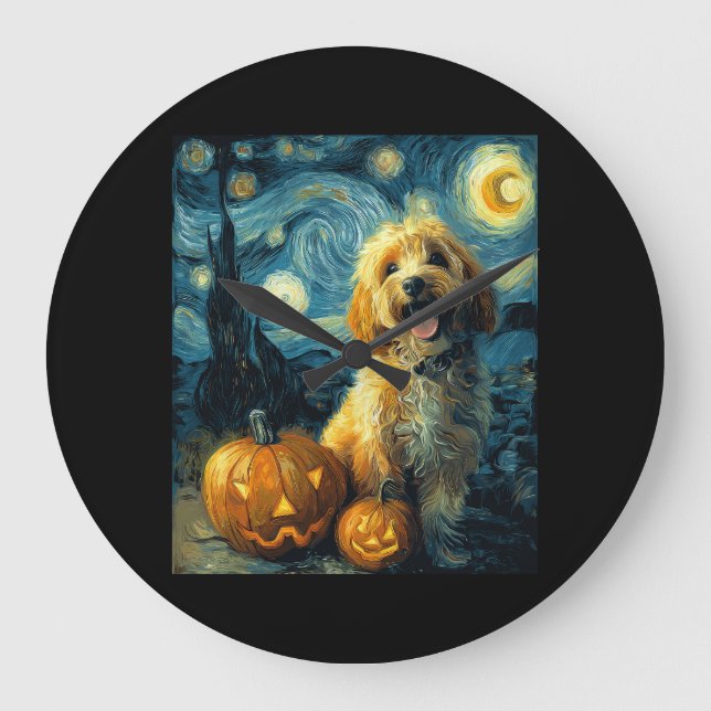 Cavapoo Cute Dog Halloween Jack O Lantern Pumpkin  Large Clock (Front)