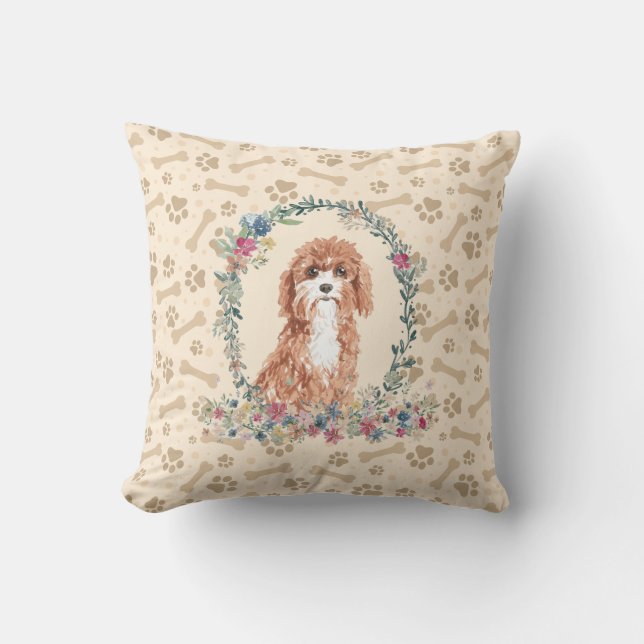 Cavapoo Dog Paw Print & Floral Cute Cushion (Front)