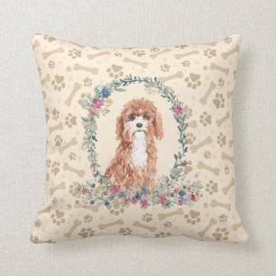 Cavapoo Dog Paw Print & Floral Cute Cushion