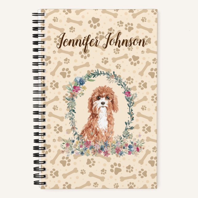 Cavapoo Dog Paw Print & Floral Cute Notebook (Front)